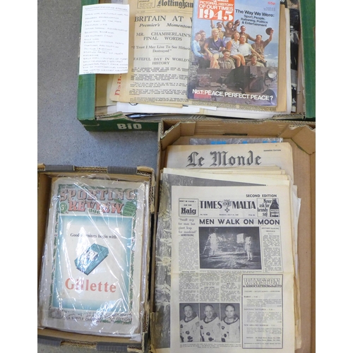 726 - A collection of newspaper ephemera; WWI/WWII, Kennedy Assassination, first man on the moon, Falkland... 