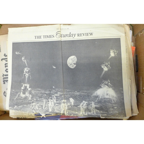 726 - A collection of newspaper ephemera; WWI/WWII, Kennedy Assassination, first man on the moon, Falkland... 