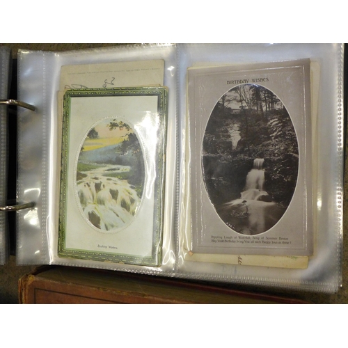 733 - A collection of vintage postcards and album and  one volume, The Pickwick Papers with plates illustr... 