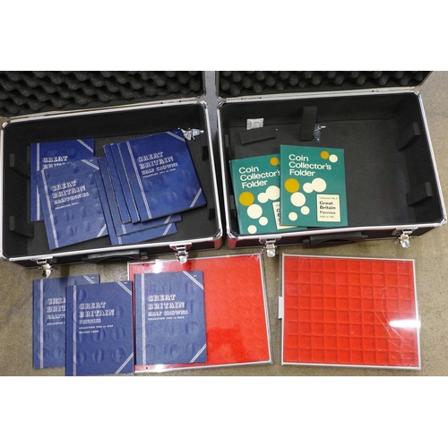 734 - Two aluminium carry cases and two coin collecting trays by Lindner, and Whitworth folders, both case... 