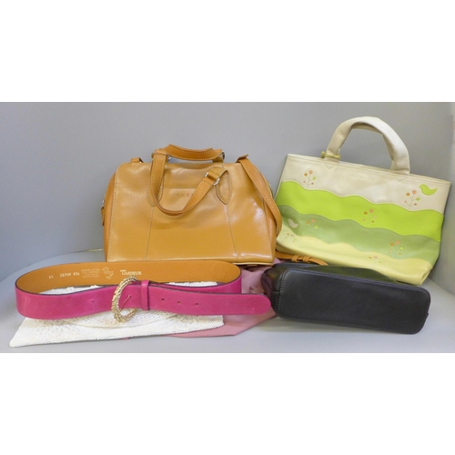 741 - Three leather Radley handbags, two with dust covers, a lady's beaded decorative clutch bag and a lea... 