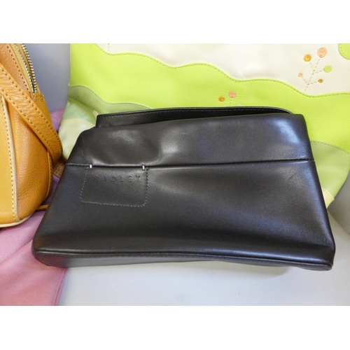 741 - Three leather Radley handbags, two with dust covers, a lady's beaded decorative clutch bag and a lea... 