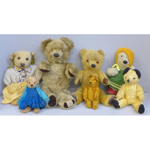 743 - Seven vintage Teddy bears including one musical