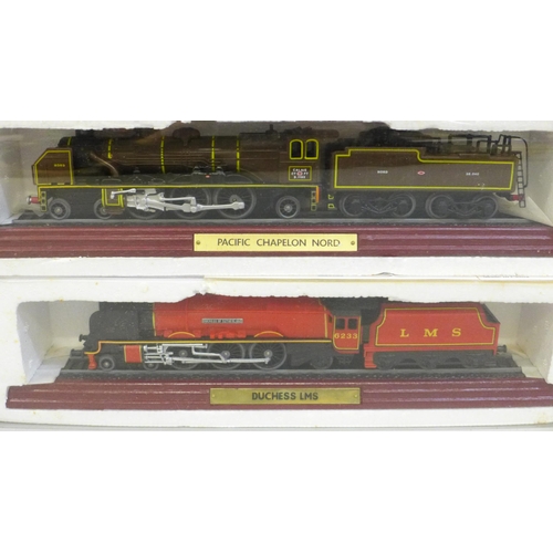 747 - Three plastic display model locomotives; an A4 Class Mallard, Pacific Chapelon Nord and Duchess LMS