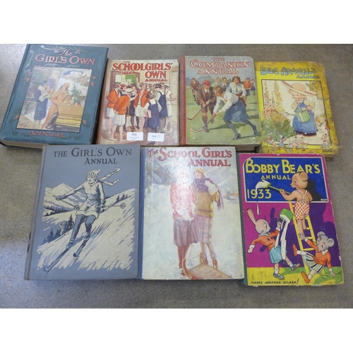 753 - Seven vintage annuals for girls from the 1930s onwards including The School Girls Own Annual, Lucie ... 