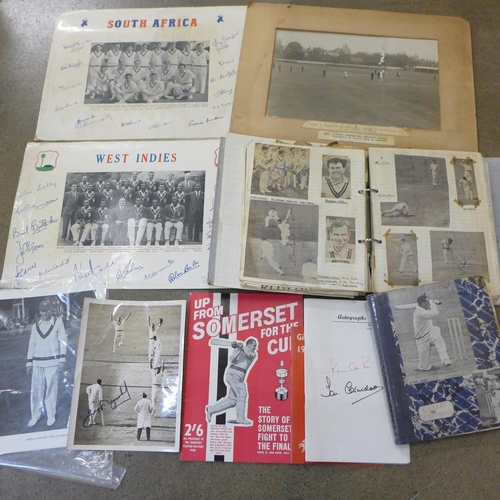 758 - Cricket ephemera and scrap albums with autographs including Larwood, Boycott, Subba Row Internationa... 