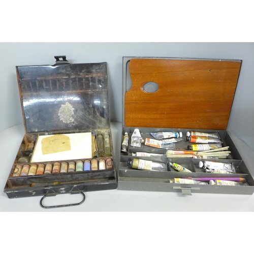 763 - Two artists paint sets, Winsor & Newton with oil paints and one other with powdered paints, early 20... 