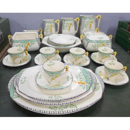 775 - Burleighware Evergreen Art Deco set of six cups and saucers, two vegetable dishes, one lacking cover... 