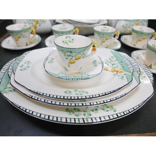 775 - Burleighware Evergreen Art Deco set of six cups and saucers, two vegetable dishes, one lacking cover... 