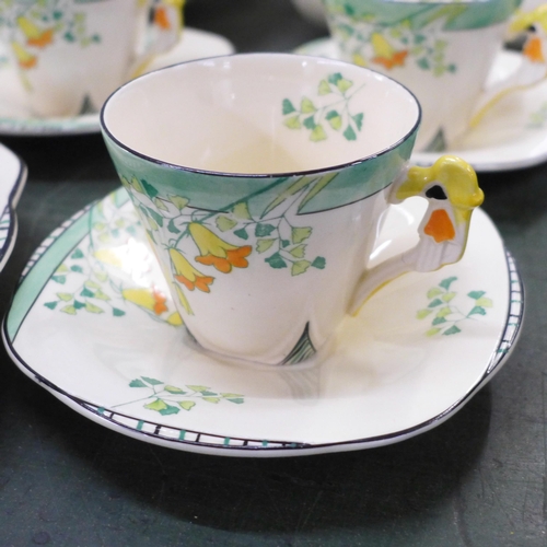 775 - Burleighware Evergreen Art Deco set of six cups and saucers, two vegetable dishes, one lacking cover... 