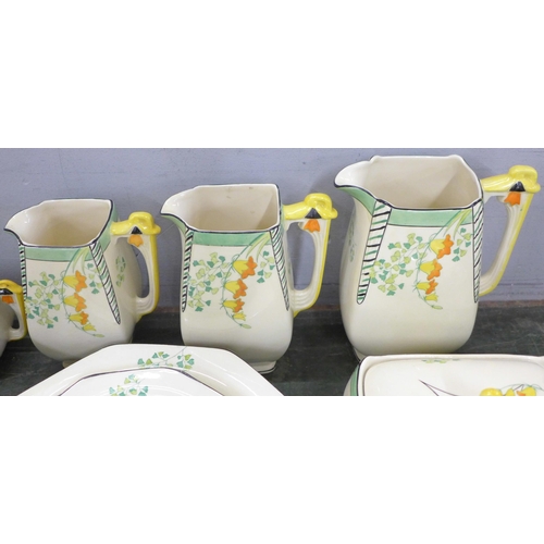 775 - Burleighware Evergreen Art Deco set of six cups and saucers, two vegetable dishes, one lacking cover... 