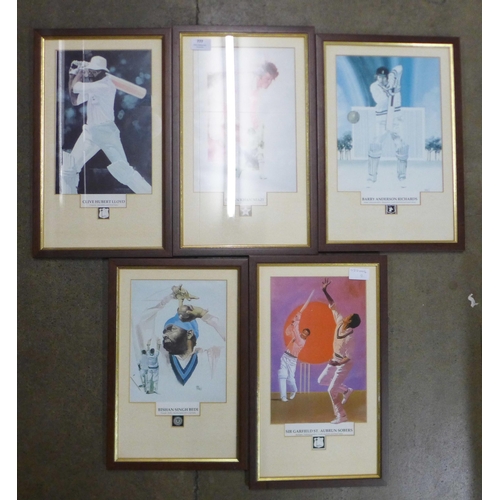 777 - Five framed cricketer prints including Clive Lloyd, Imran Niazi and Gary Sobers