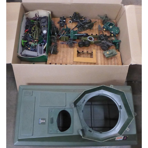 781 - Mixed toys, a Palitoy Action Man tank, Britains toy soldiers, a fort, Britains, Crescent and Corgi m... 