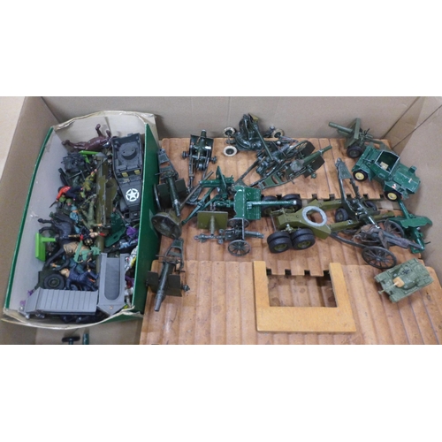 781 - Mixed toys, a Palitoy Action Man tank, Britains toy soldiers, a fort, Britains, Crescent and Corgi m... 