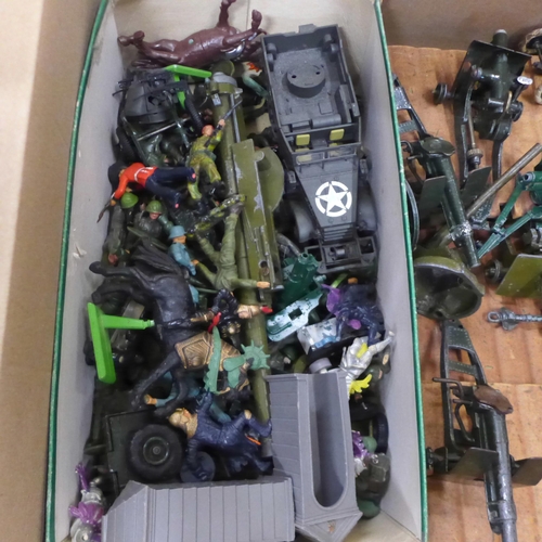 Mixed toys, a Palitoy Action Man tank, Britains toy soldiers, a fort ...