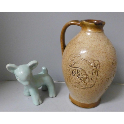 795 - A Denby lamb and a relief moulded commemorative jug for Sir Richard Arkwright, Cromford