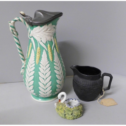 796 - A Victorian Staffordshire 19th Century pottery pitcher in a fern pattern, one hand painted jug, two ... 