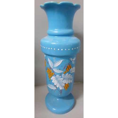 799 - Three hand painted opaline glass vases and one large 19th Century blue glass vase decorated with fla... 