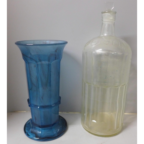 807 - A large clear glass poison jar, 35.5cm and a Davidson blue glass vase