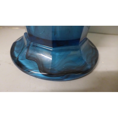 807 - A large clear glass poison jar, 35.5cm and a Davidson blue glass vase