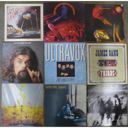 A box of rock and pop LP records, ELO, Fleetwood Mac, Queen, comedy, etc.