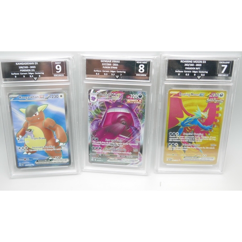 826 - Three graded Pokemon cards, Roaring Moon Ex, Gengar VMax and Kangaskhan Ex