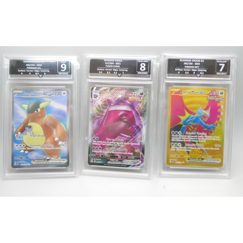 826 - Three graded Pokemon cards, Roaring Moon Ex, Gengar VMax and Kangaskhan Ex