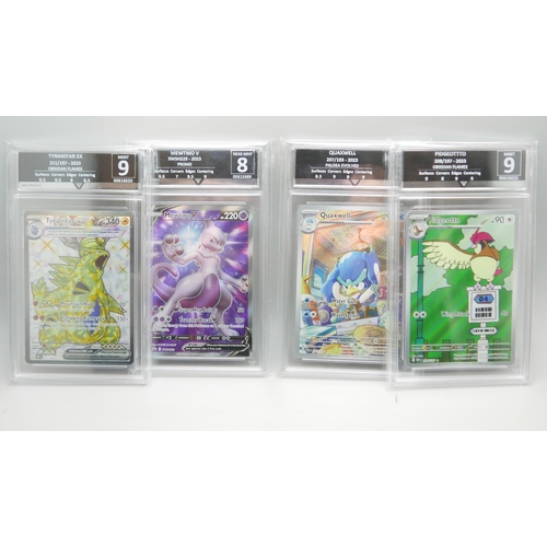 827 - Four graded Pokemon cards, Pidgeotto, Tyranitar Ex, Quaxwell and Mewtwo V