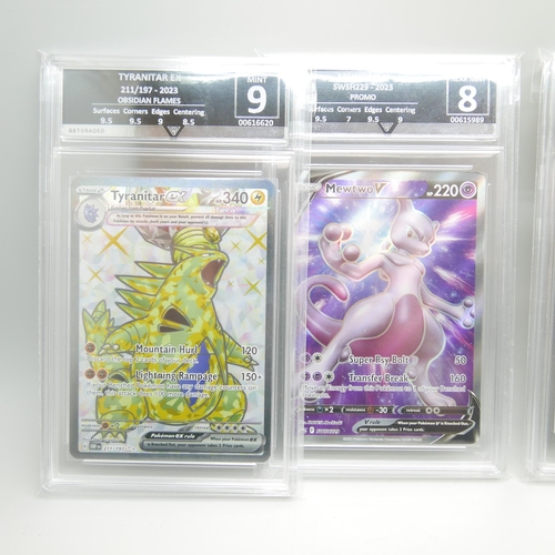 827 - Four graded Pokemon cards, Pidgeotto, Tyranitar Ex, Quaxwell and Mewtwo V