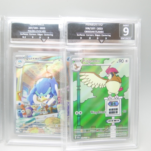 827 - Four graded Pokemon cards, Pidgeotto, Tyranitar Ex, Quaxwell and Mewtwo V