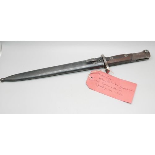 832 - A Mauser type bayonet (believed to be Yugoslavian), to fit FN24 or 30, possibly the V224