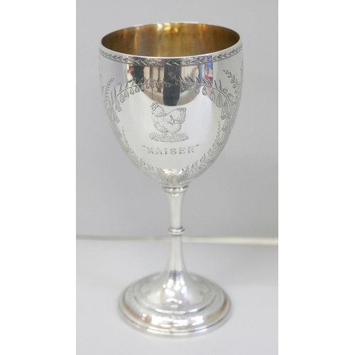 843 - A Victorian silver goblet with cockerel detail and marked 'Kaiser', London 1856, Elkington & Co., 15... 