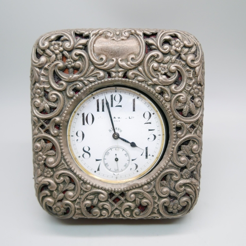 848 - A silver travel clock case with Goliath top-wind 8-Days watch, Birmingham 1907