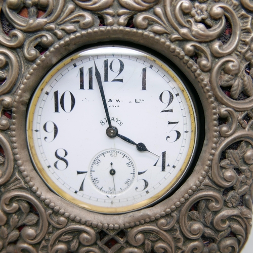 848 - A silver travel clock case with Goliath top-wind 8-Days watch, Birmingham 1907