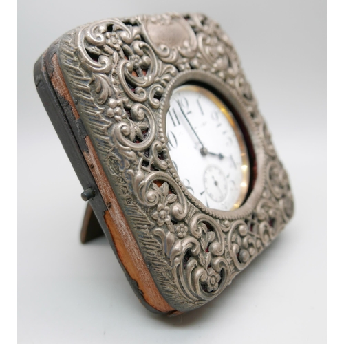 848 - A silver travel clock case with Goliath top-wind 8-Days watch, Birmingham 1907