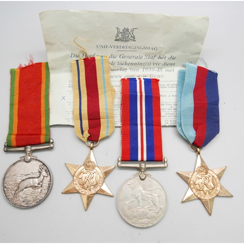 861 - Four WWII medals including Africa Service Medal to C166467 S. Botha and leaflet