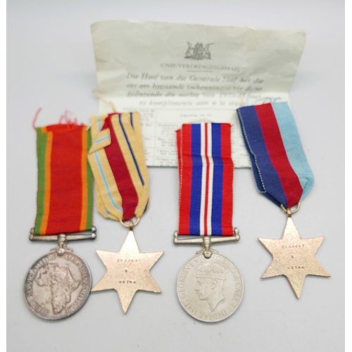 861 - Four WWII medals including Africa Service Medal to C166467 S. Botha and leaflet