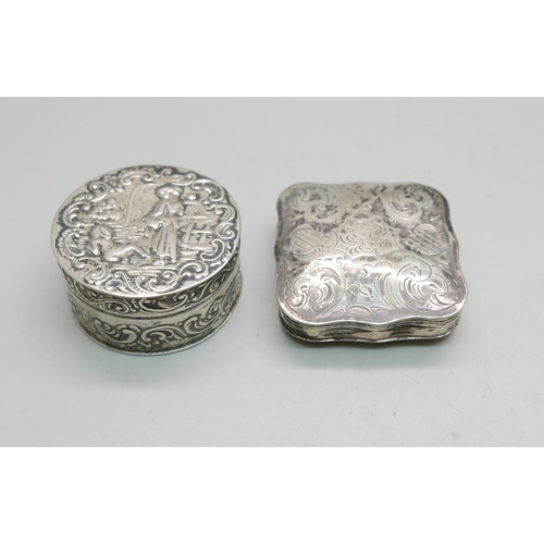 869 - Two silver boxes with continental control marks, (circular box 45mm in diameter)