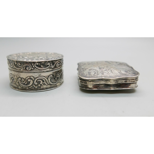 869 - Two silver boxes with continental control marks, (circular box 45mm in diameter)