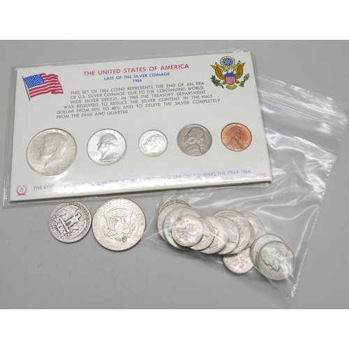 875 - A USA last of the silver coinage set 1964, a 1964 silver half dollar, a silver 1951 quarter dollar ,... 