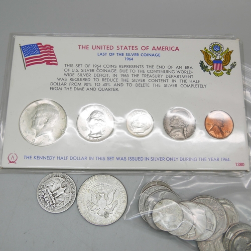 875 - A USA last of the silver coinage set 1964, a 1964 silver half dollar, a silver 1951 quarter dollar ,... 