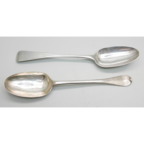 879 - Two silver serving spoons, one London 1771 by Thomas & William Chawner and one with Scottish mark, 1... 