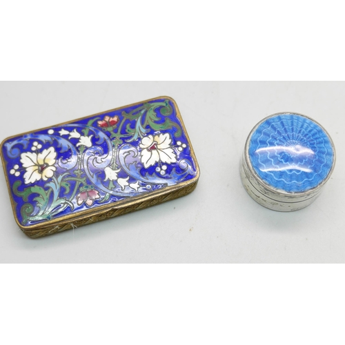 881 - A silver and blue enamelled pill box, Birmingham 1912, and a double section powder with enamelled to... 