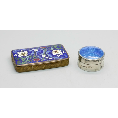 881 - A silver and blue enamelled pill box, Birmingham 1912, and a double section powder with enamelled to... 