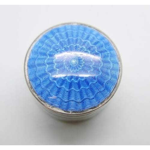 881 - A silver and blue enamelled pill box, Birmingham 1912, and a double section powder with enamelled to... 