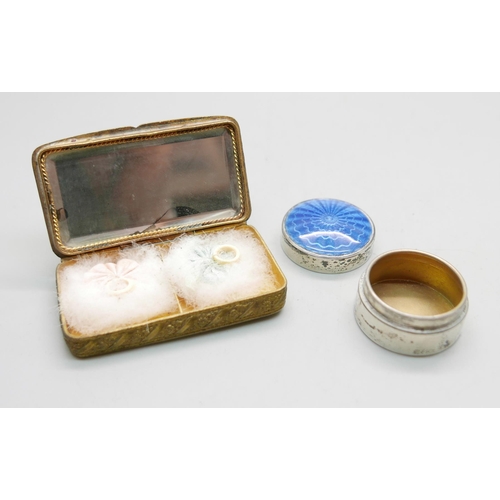 881 - A silver and blue enamelled pill box, Birmingham 1912, and a double section powder with enamelled to... 