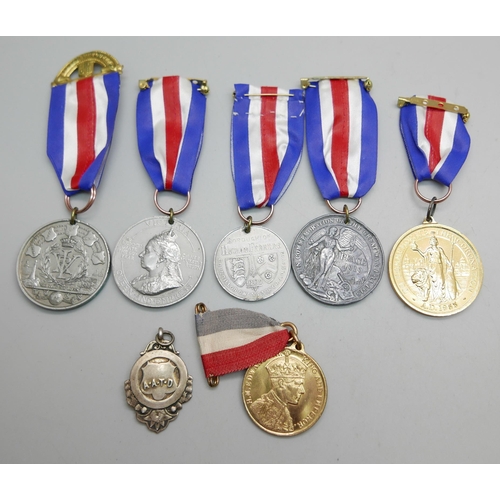 905 - Six early 20th Century commemorative medallions  and a silver fob medal