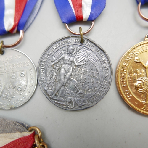 905 - Six early 20th Century commemorative medallions  and a silver fob medal