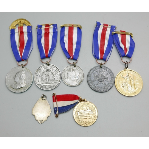 905 - Six early 20th Century commemorative medallions  and a silver fob medal