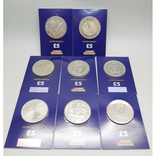 908 - Eight uncirculated £5 coins; 1998, 1999, 2001, 2002, 2003, 2005, 2011, 2013 in sealed packs